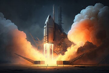 Wall Mural - rocket charging on launch pad, with flames and smoke visible, created with generative ai