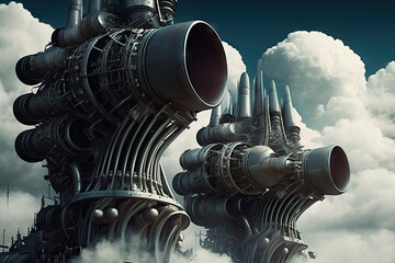 Wall Mural - close-up of rockets engines, with clouds in the background, created with generative ai