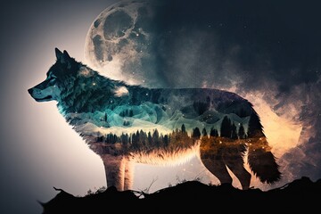 Wall Mural - double exposure of wolf with moon in the sky, created with generative ai