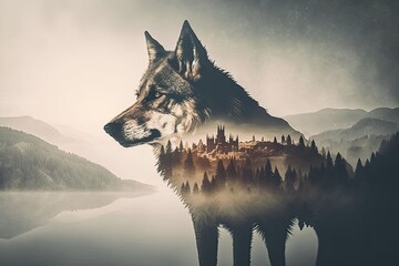 Wall Mural - double exposure of wolf and foggy forest, with view to an ancient castle in the background, created with generative ai