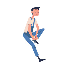 Sticker - Man Construction Worker Character Sitting with Pliers Engaged in Roof Repair Vector Illustration