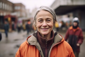 Canvas Print - Medium shot portrait photography of a grinning mature woman wearing a lightweight windbreaker against a busy construction site background. With generative AI technology