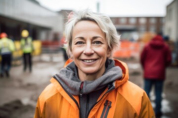 Canvas Print - Medium shot portrait photography of a grinning mature woman wearing a lightweight windbreaker against a busy construction site background. With generative AI technology