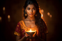 Beautiful Fictional Indian Girl, Holding Diwali Candle, Hindu Festival Of Light, Red And Orange Dress, Generative AI