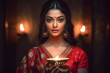 Beautiful fictional indian girl, holding diwali candle, Hindu festival of light, red dress