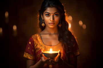 Beautiful fictional indian girl, holding diwali candle, Hindu festival of light, red and orange dress, Generative AI