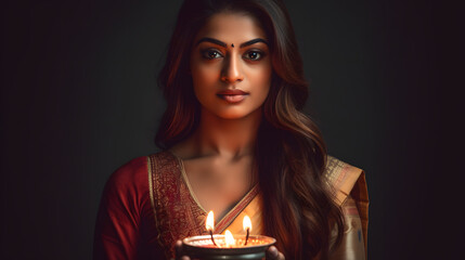 Fictional Indian girl, holding diwali candle, red and gold sari dress, Hindu festival of light, Generative AI