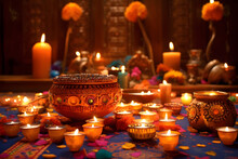 Traditional Diwali Decoration, Candles And Flowers, Hindu Festival Of Light, Generative AI