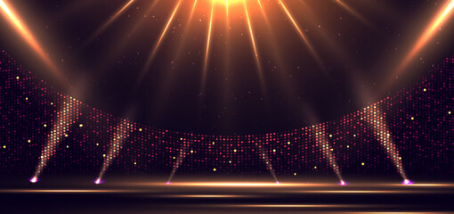 elegant golden stage horizontal glowing with lighting effect sparkle on dark background. template pr