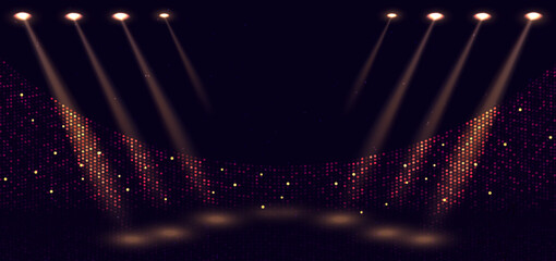 Wall Mural - elegant golden stage horizontal glowing with lighting effect sparkle on dark background. template pr
