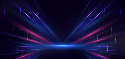 abstract technology futuristic glowing blue and red light lines with speed motion blur effect on dar