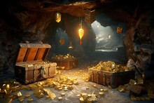 Cave With A Treasure With Coffers Full Of Gold, Generative Ai
