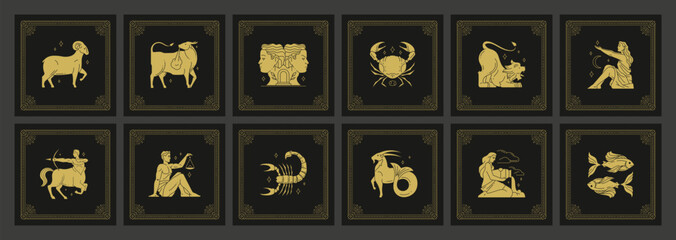 Wall Mural - zodiac symbols astrology horoscope antique golden line art deco vintage card design set vector