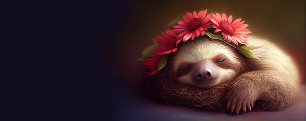 Sticker - sleeping sloth in flower crown, panoramic layout. Generative Ai