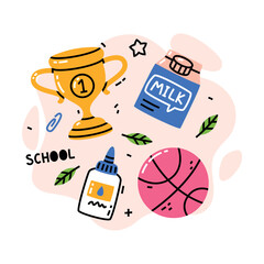 Sticker - School Supply with Cup Award, Milk Carton, Glue and Ball Vector Composition