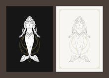 Pisces Zodiac Woman Goddess Mermaid Celestial Character Line Art Deco Poster Design Set Vector