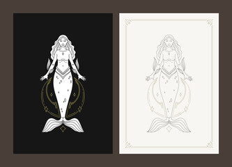 Wall Mural - pisces zodiac woman goddess mermaid celestial character line art deco poster design set vector
