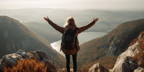 Embracing Freedom: A Joyful Female Hiker on the Cliff