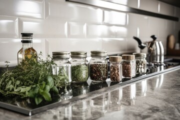 Wall Mural - close-up of stainless steel countertop, with herbs and spices in bottles, created with generative ai