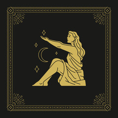 Wall Mural - Virgo zodiac astrology woman goddess crescent stars line art deco golden vintage card design vector