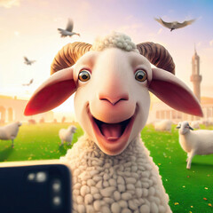 Canvas Print - 3D Render of A Happy Sheep Celebrating Eid Al-Adha Feast