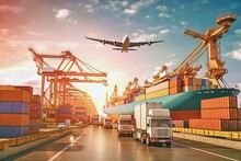 Global Supply Chain: Business Logistics In Action With Plane, Truck, And Train - AI Generative