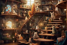 Wizard Castle Tower Populated By Cats Illustration Generative Ai