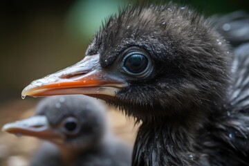 Wall Mural - close-up of a baby bird's beak, surrounded by its mother's feathers, created with generative ai