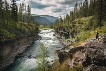 Poster - off-the-beaten-path destination with a view of rugged mountains and rushing rivers, created with gen