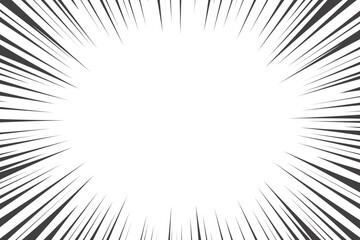 Canvas Print - Comic manga radial lines with speed effect for comics book. Black and white explosion background. Flash ray blast glow. Vector frame.