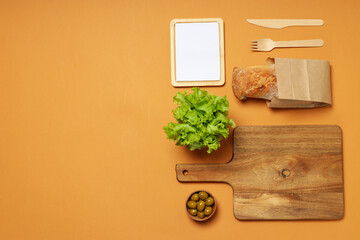 Wall Mural - Mockup flat lay with cooking accessories, recipe concept, on beige background