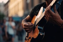 Guy With A Guitar Close-up, Street Musicians, Beautiful Blurred Background. Generative AI
