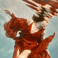 Wall Mural - Portrait of a woman in a red dress floating underwater