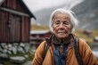 Environmental portrait photography of a glad old woman wearing a lightweight windbreaker against a cozy mountain lodge background. With generative AI technology