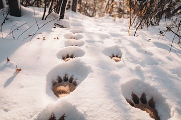 Wall Mural - close-up of animal tracks in the snow, with footprints and paw prints visible, created with generative ai