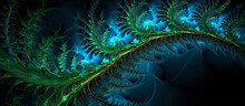 An Intricate Spiral Of Abstract Fern Leaves In Turquoise, Blue And Green Colors. Panoramic Generative AI Illustration.