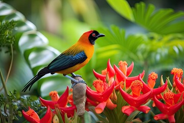 Canvas Print - exotic bird perched on blooming flower, with view of tropical garden, created with generative ai