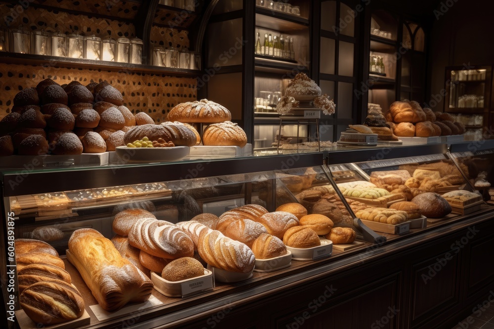 seamless shot of the bakery counter, filled with freshly baked breads ...