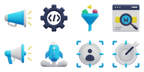 Seo and marketing 3d vector icon set. Bullhorn, coding, filter, keywords, megaphone, start up, targeted marketing, target. Isolated on white background. 3d icon vector render illustration.