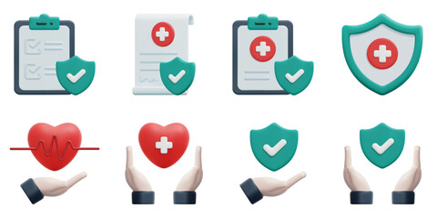 Health insurance 3d vector icon set. Checklist, contract, hand, hands, healthcare, health, medical, shield. Isolated on white background. 3d icon vector render illustration.