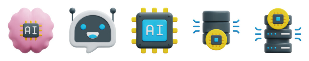 Artificial intelligence 3d vector icon set. Brain, chatbot, chip, data, server. Isolated on white background. 3d icon vector render illustration.
