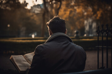 Man reading book at nature park background. World book day and hobby education concept. Generative ai.