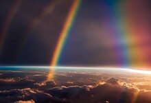 Stunning Rainbow Over Violet Purple Cloudy Sky As Panoramic High Altitude Shot. Dawn Early Morning Sunrise From A Satellite Above Earth With Space. Phenomenon Full Spectrum Rainbow. Generative Ai.