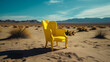 Yellow armchair in the middle of the surrealistic desert. AI generated
