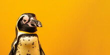 Portrait Of A Penguin Isolated On Bright Yellow Background. Banner, Place Holder, Copy Space.