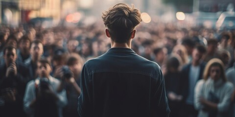 With selective focus, a crowd captures the moment, aiming their lenses at a lone individual standing tall. A captivating scene of attention and admiration unfolds Generative AI