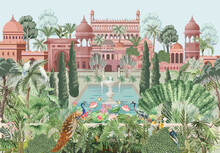 Mughal Garden With Bird, Parrot, Peacock, Plants, Tree, Palace Illustration Pattern For Wallpaper