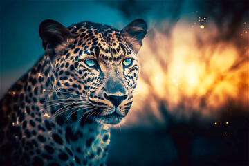 Wall Mural - Leopard and savannah. The concept of protecting wildlife and green planet. post processed AI generated image.