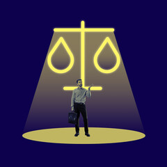 Wall Mural - businessman raising finger, having ideas and making considered decision over neon colored scale, bal