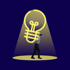 Wall Mural - businessman, employee carrying on his back giant icon of lightbulb symbolize creative business ideas